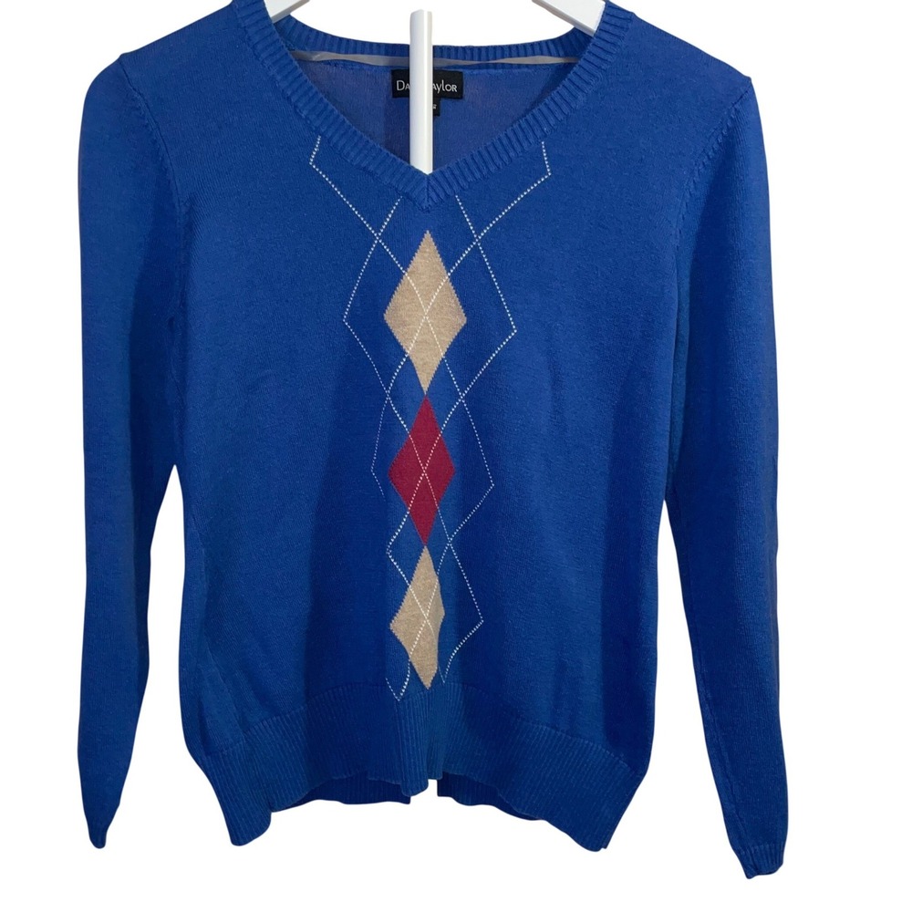 Blue Argyle Sweater Preppy Old Money Dark Academia Schoolcore Knit Top S